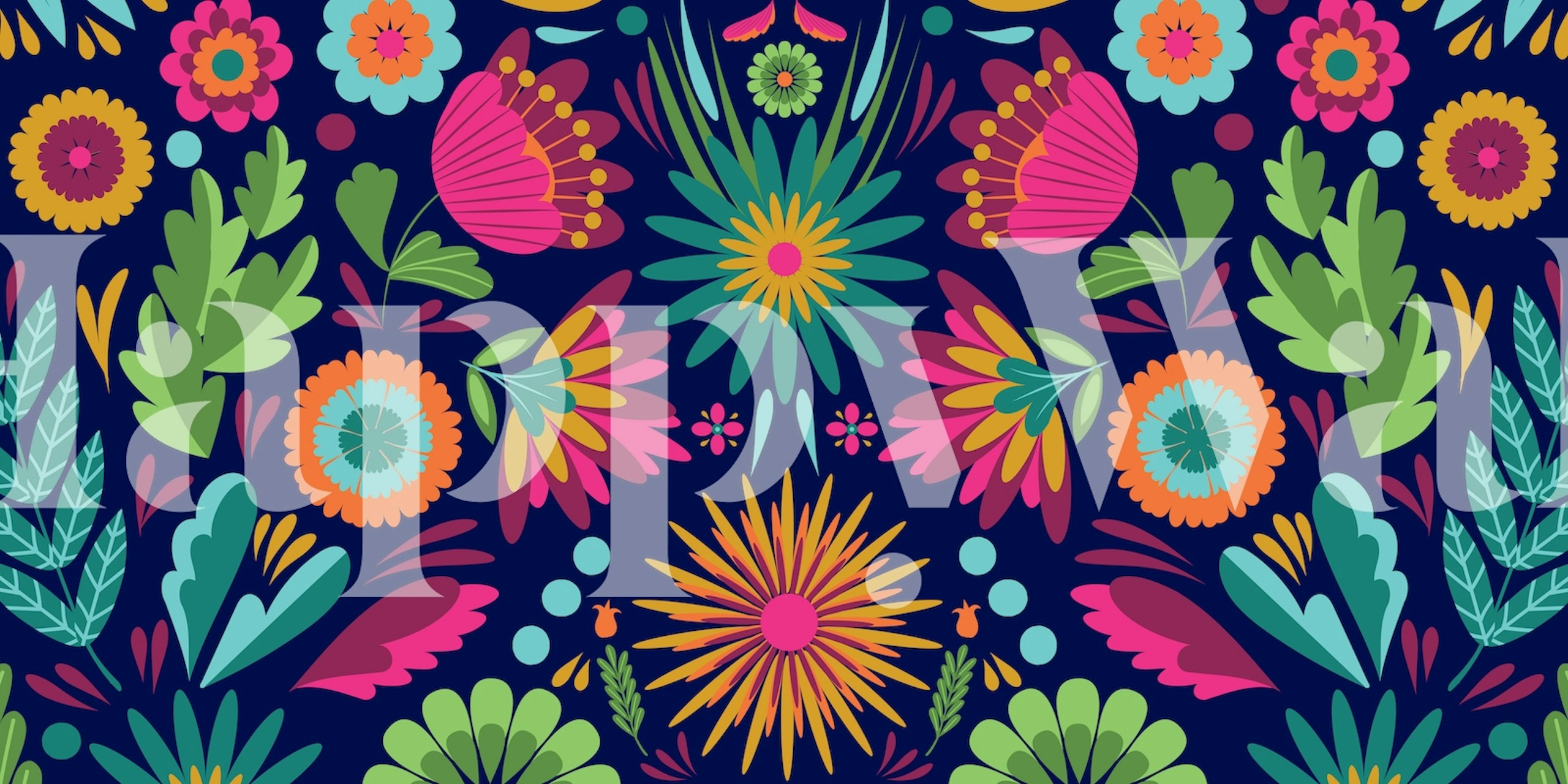 Nástěnná malba Frida Flowers Blue se zářivými barvami a květinovými vzory inspirovanými lidovým uměním