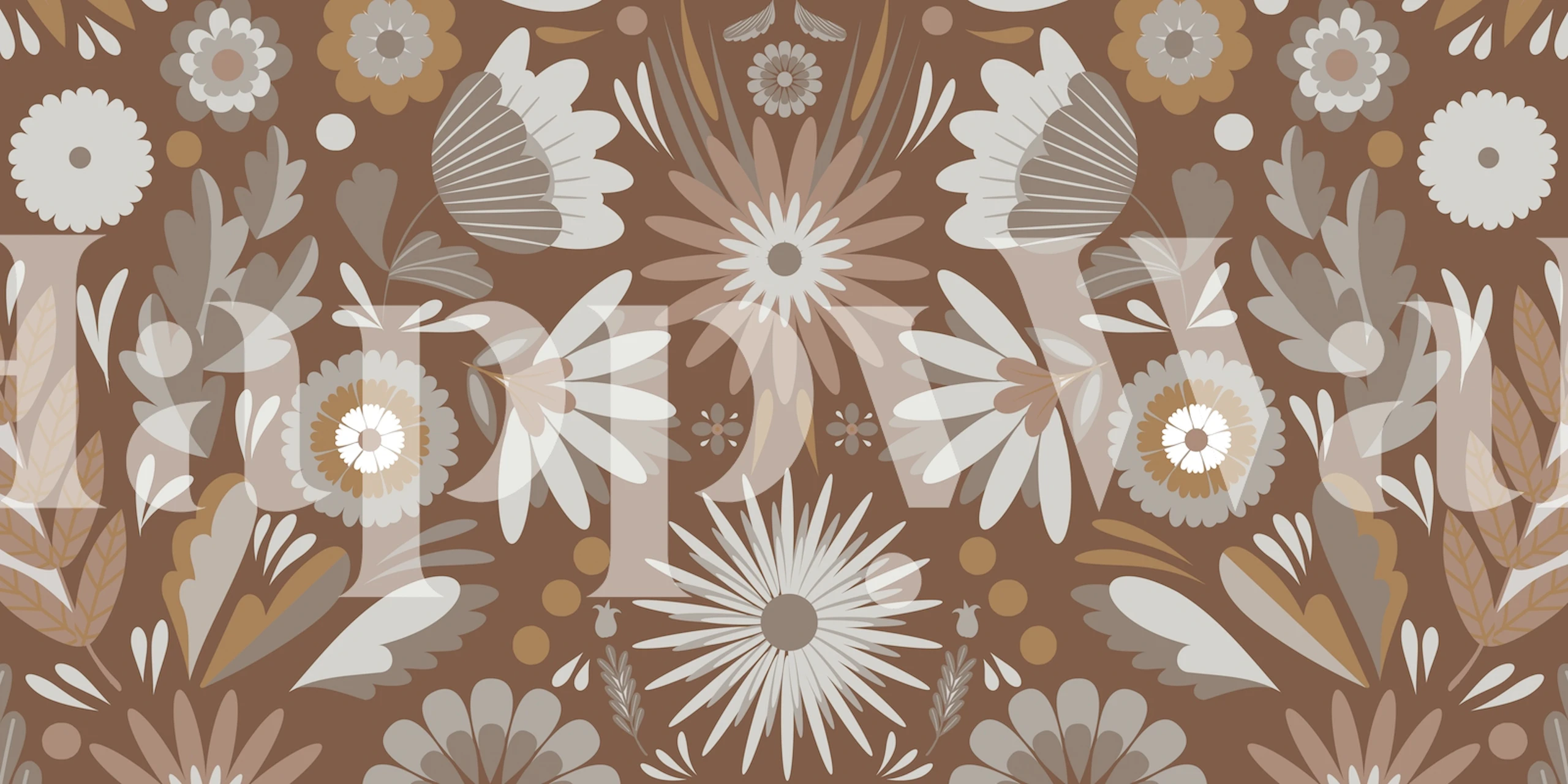 Brown floral pattern with various flowers and leaves wallpaper