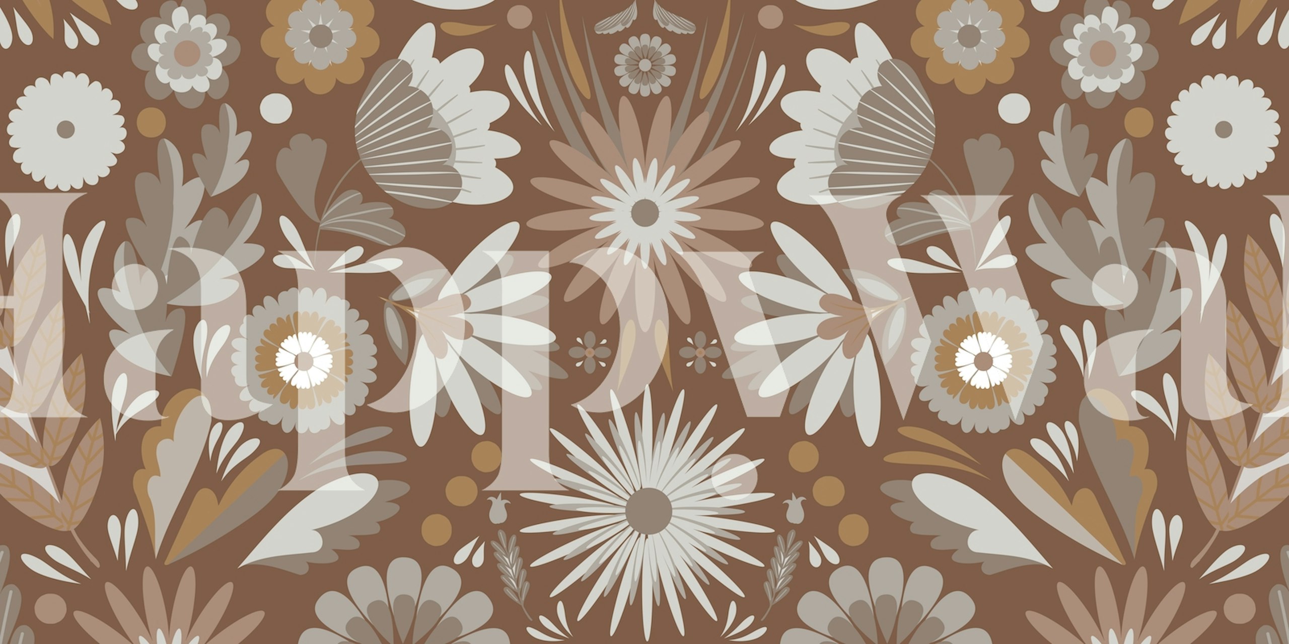 Brown floral pattern with various flowers and leaves wallpaper