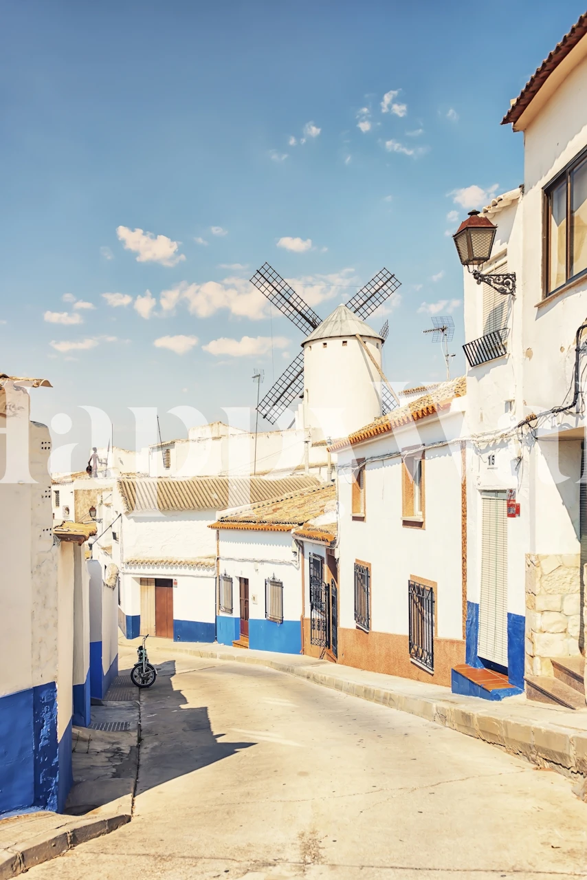 Charming white and blue windmill village wallpaper