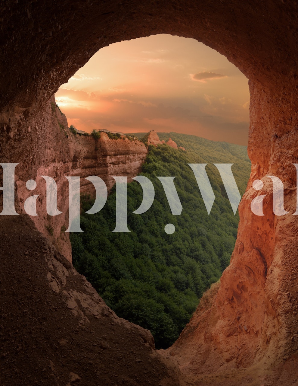 Cave view with green hillside and orange sunset landscape wallpaper