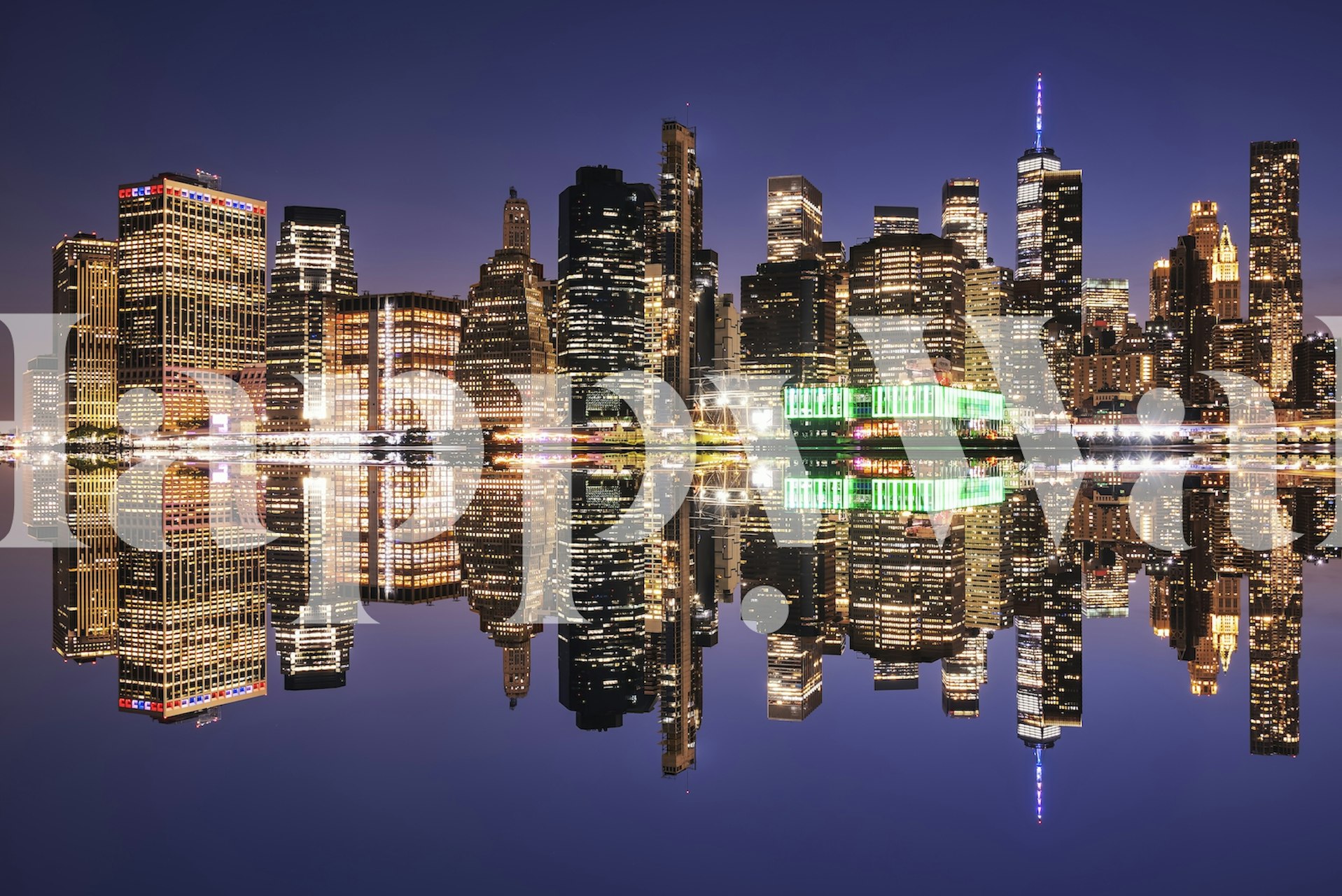 New York City skyline at night wall mural with reflections in water