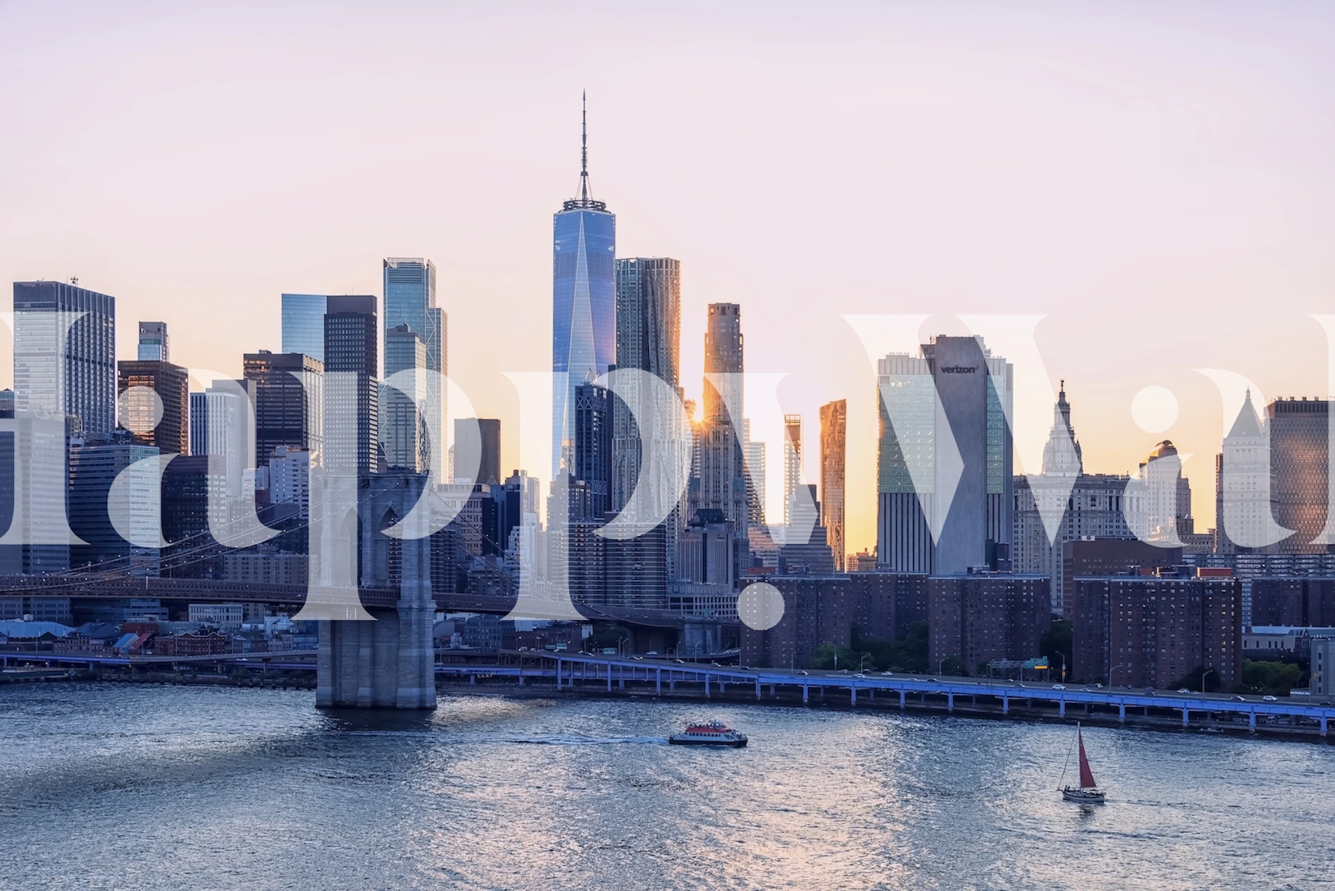 New York City skyline at sunset with purple and orange hues wallpaper