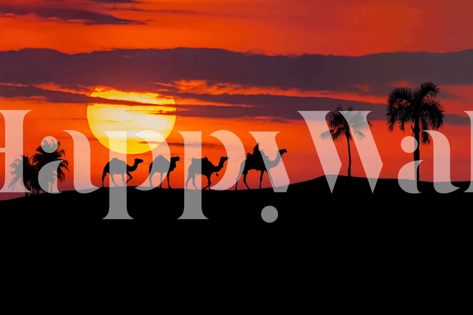 Desert sunset with silhouettes of camels and palm trees wallpaper