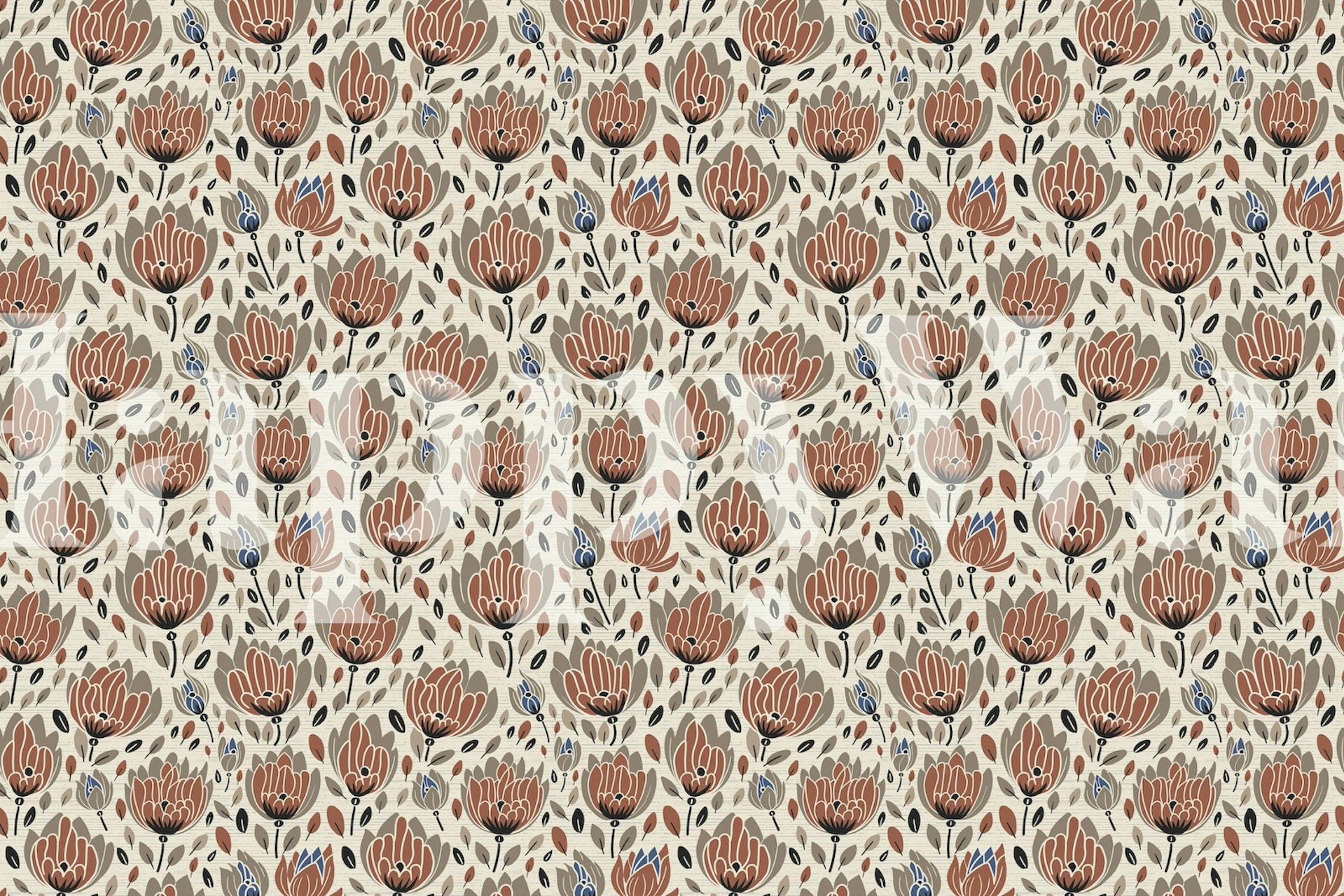 Warm floral print with orange and blue flowers on beige background wallpaper