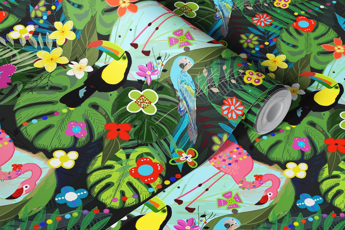 Tropical flowers and birds black wallpaper roll