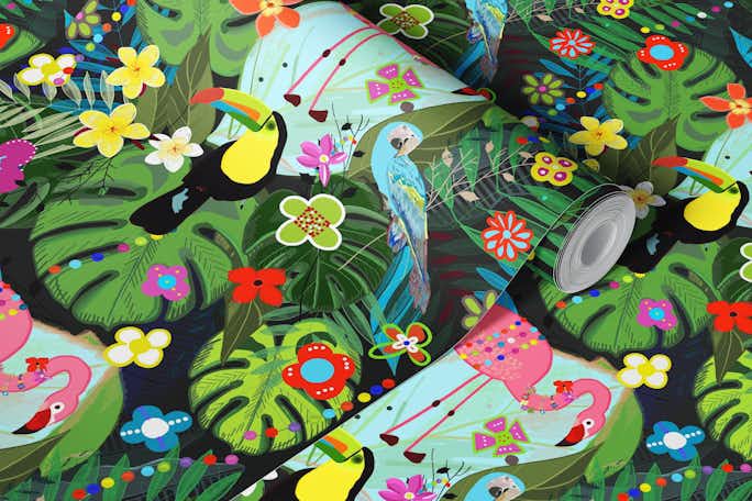 Tropical flowers and birds blackwallpaper roll