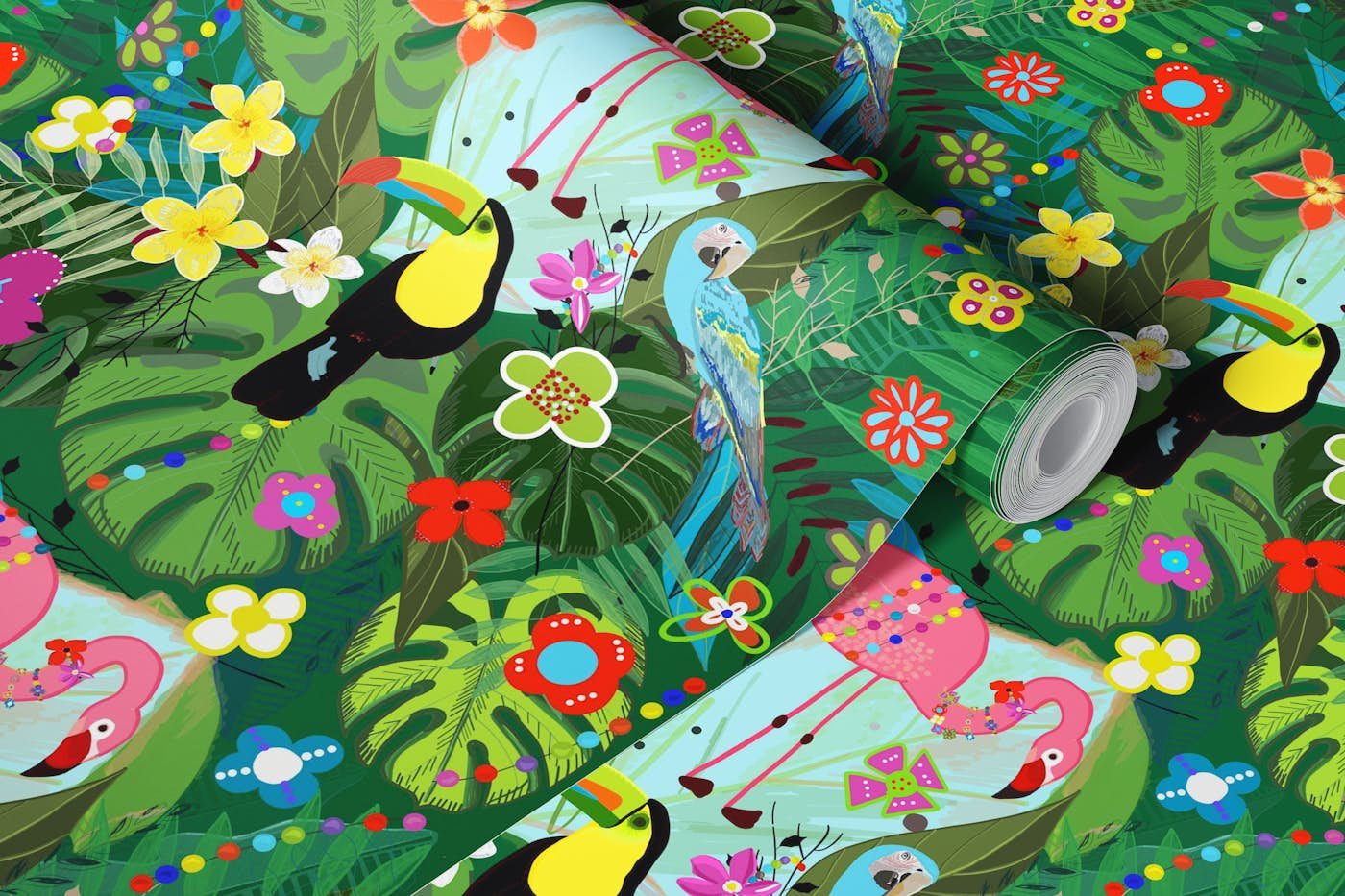 Tropical flowers and birds green wallpaper roll