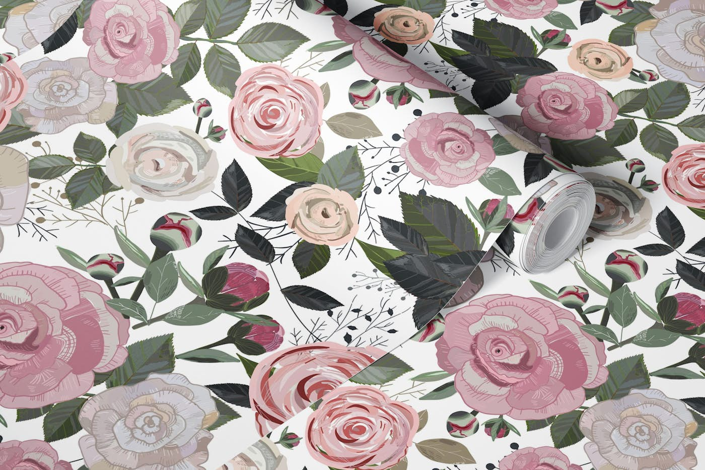 Peony and rose pattern white wallpaper roll