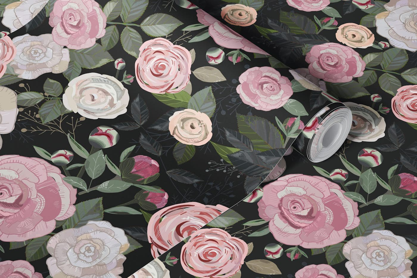 Peony and rose pattern black wallpaper roll