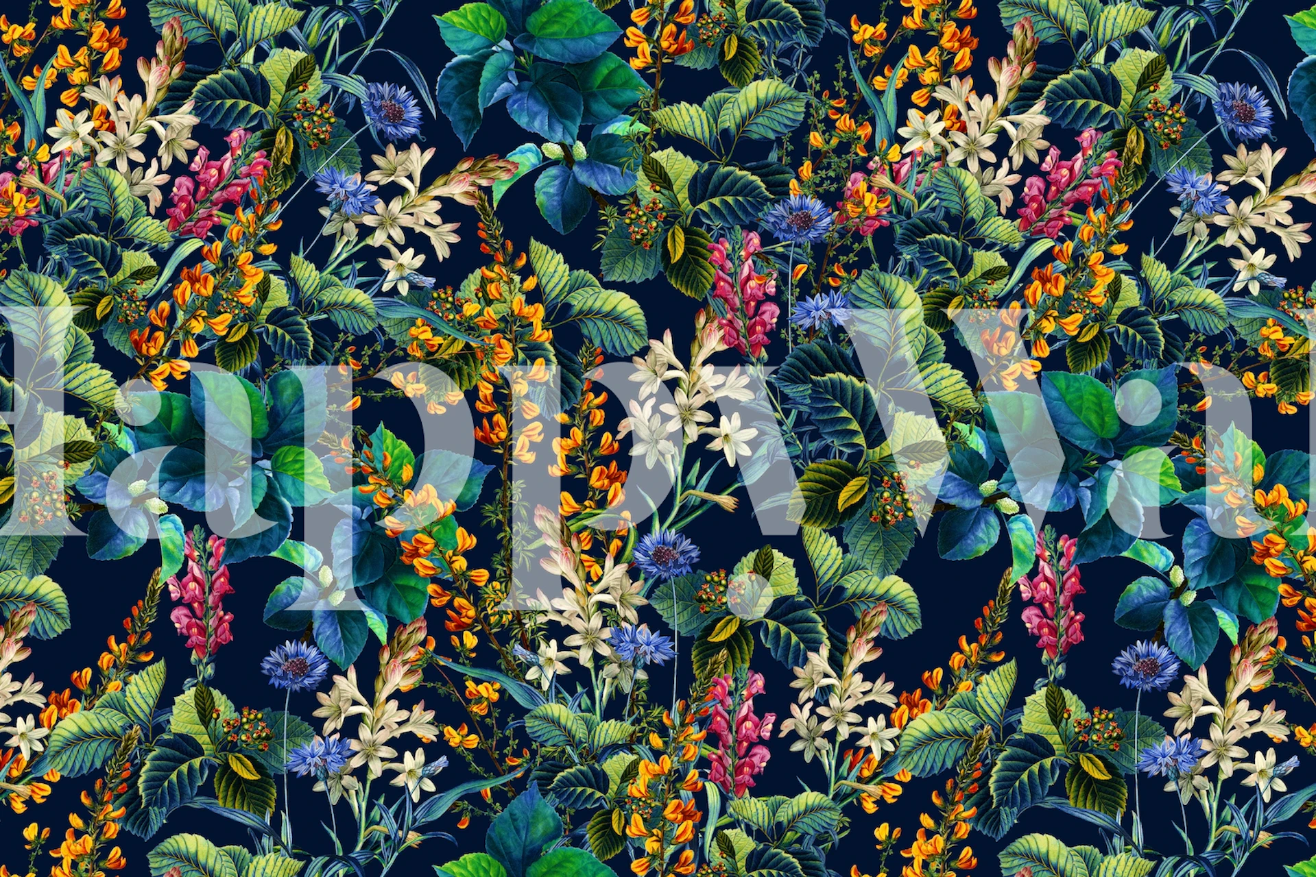 Lush nocturnal garden wall mural with moonlit flowers and foliage in shades of blue and green