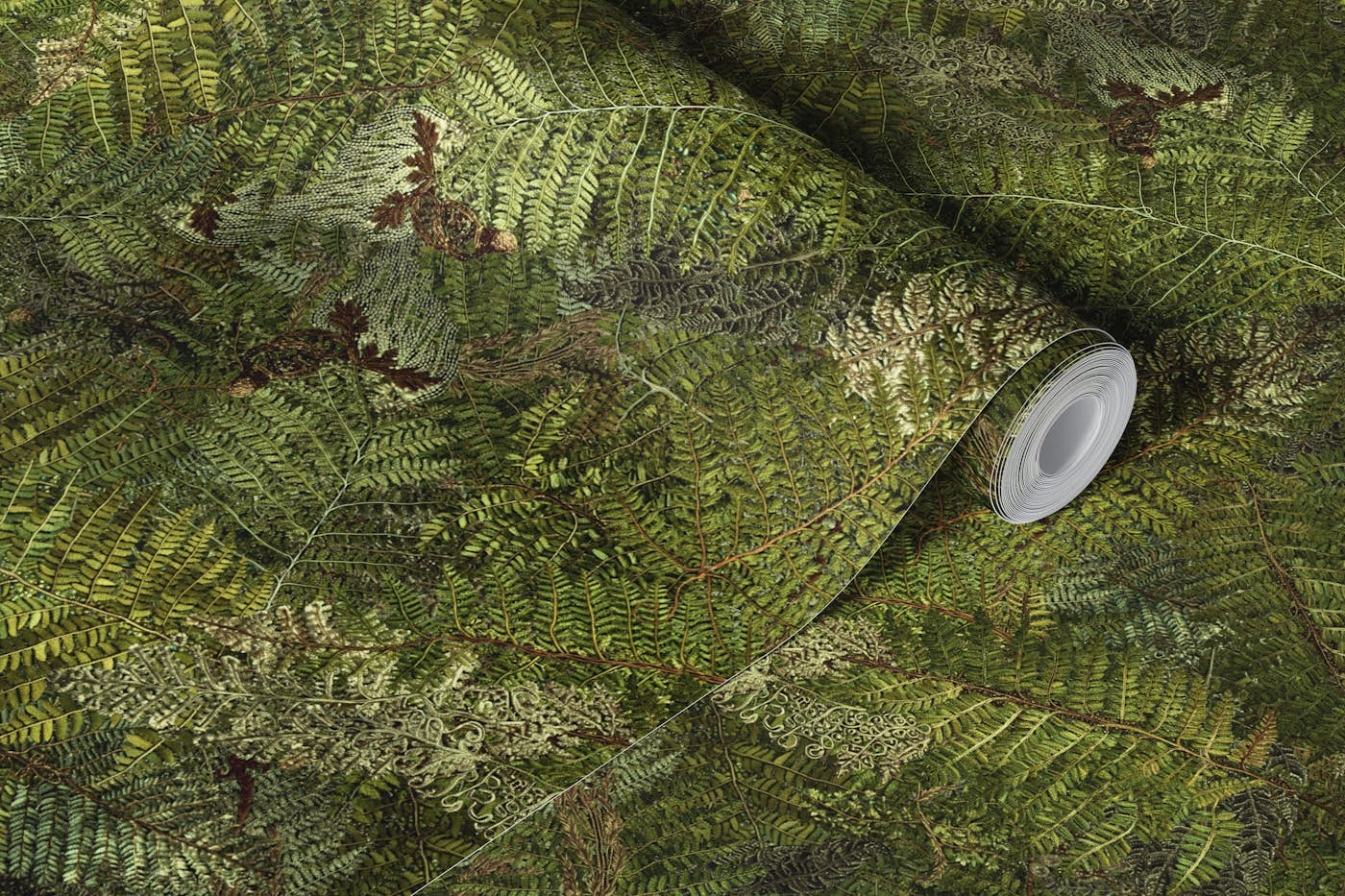 embroidery ferns bracken deep green, forest, nature, green wallpaper roll