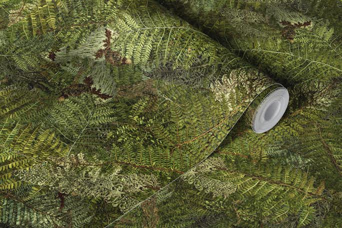 embroidery ferns bracken deep green, forest, nature, greenwallpaper roll
