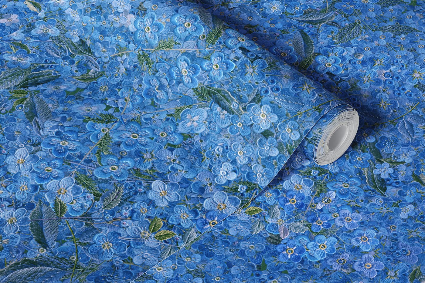 embroidery forget me not flower deep blue wallpaper roll