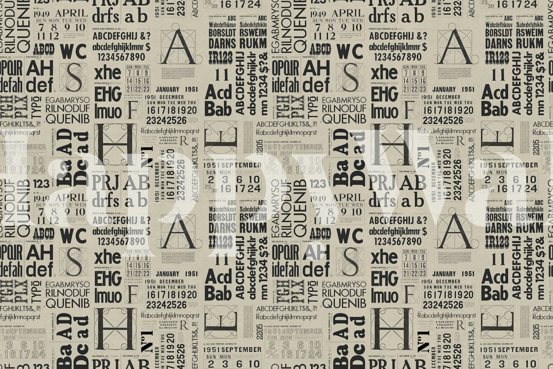 Old Print Typography Pattern -seinämaalaus beigen ja mustan värisenä