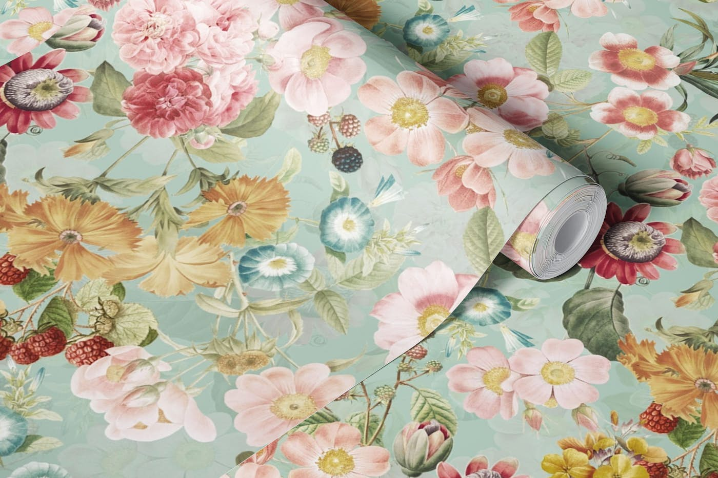 Baroque Moody Floral Midnight Rose Garden Teal wallpaper roll