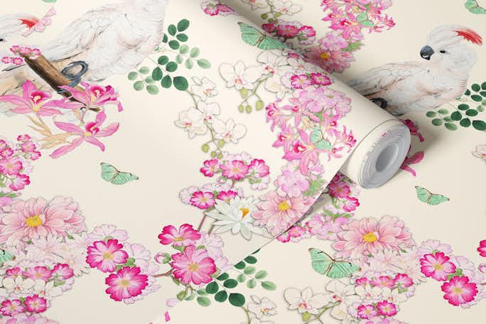 ASIA FLOWERS & COCKATOO IVORY WHITEwallpaper roll