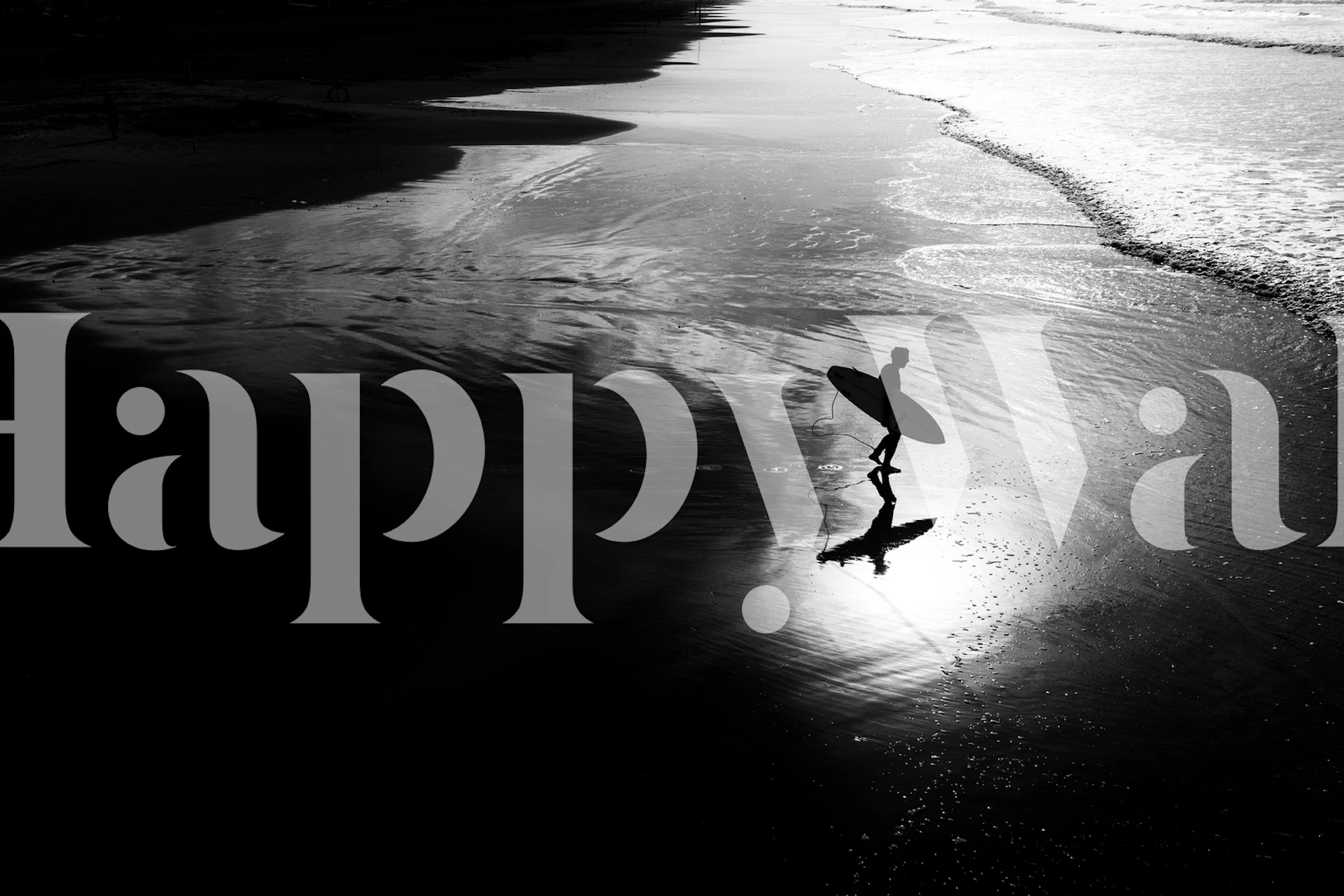 Silhouette of a surfer walking on the beach at sunset, black and white wallpaper