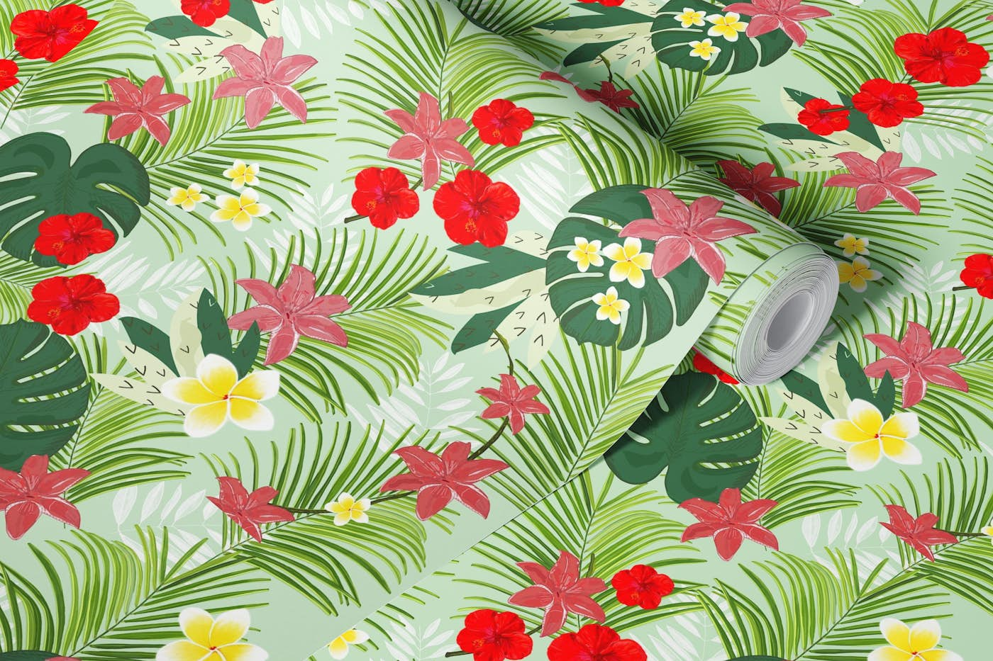 Palm leaves red hibiscus pattern wallpaper roll