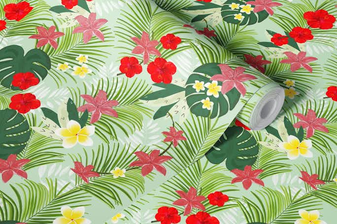 Palm leaves red hibiscus patternwallpaper roll