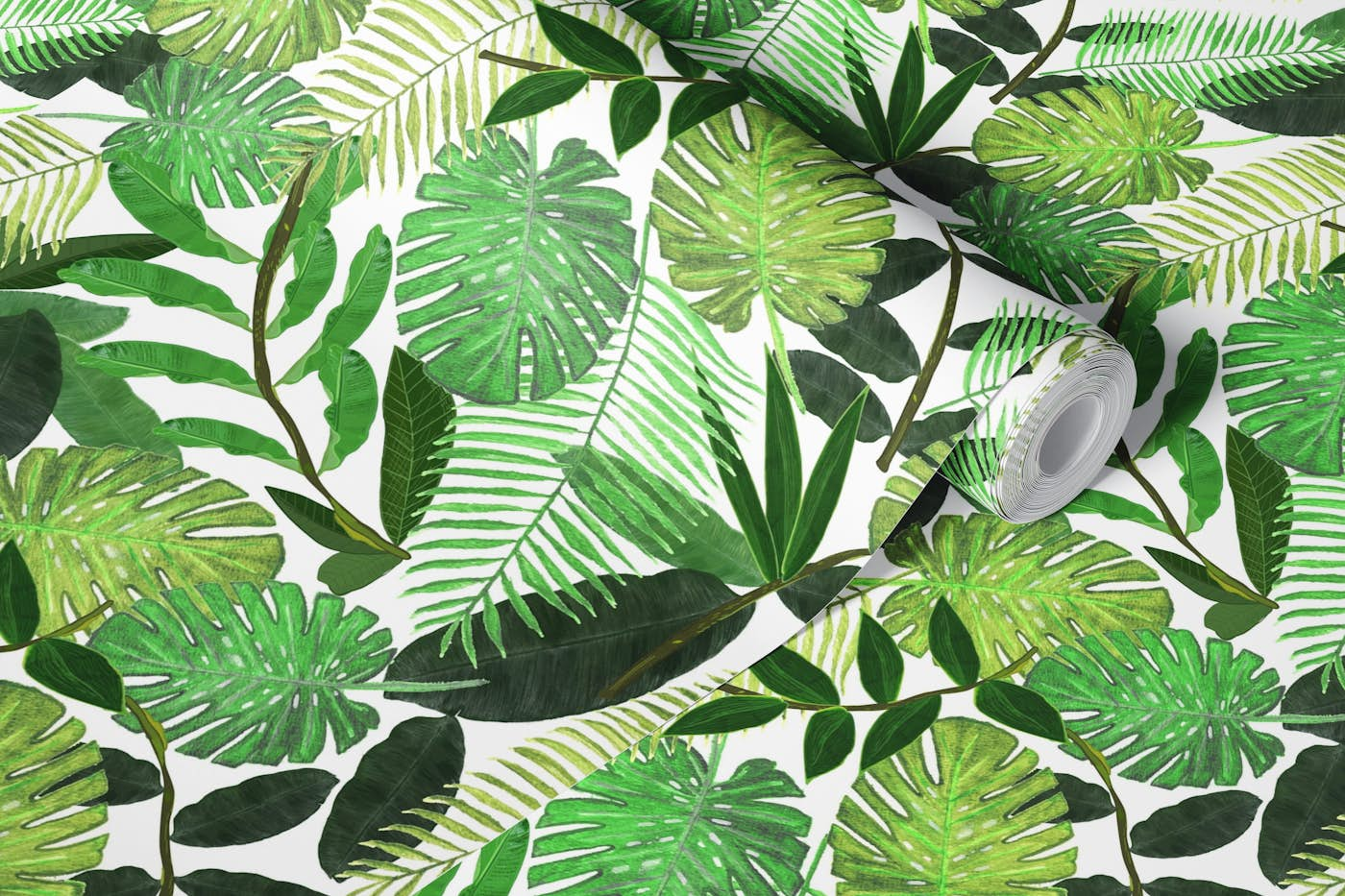 Green tropical watercolor leaves wallpaper roll