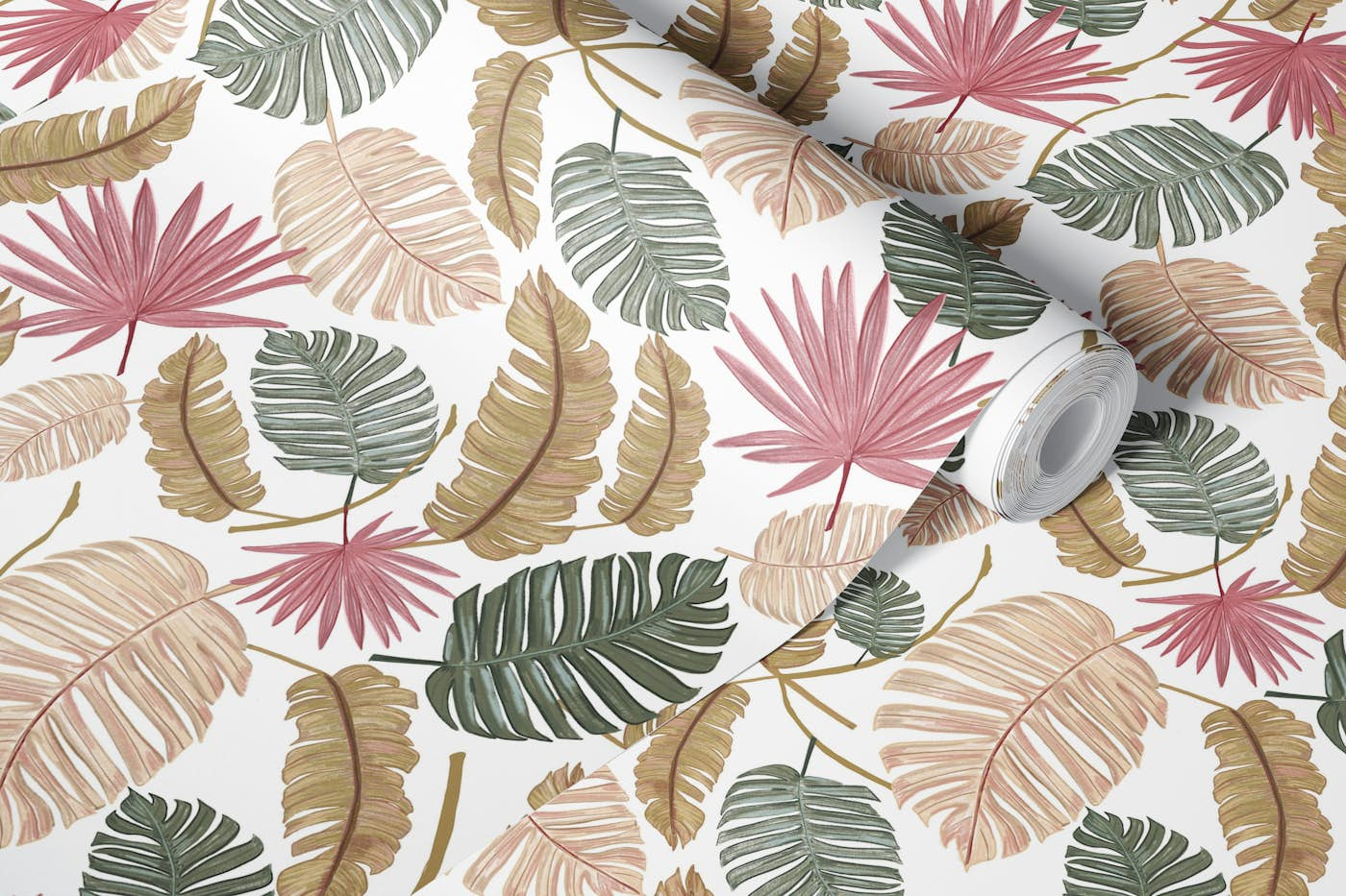 Nature color hand drawn leaves white wallpaper roll