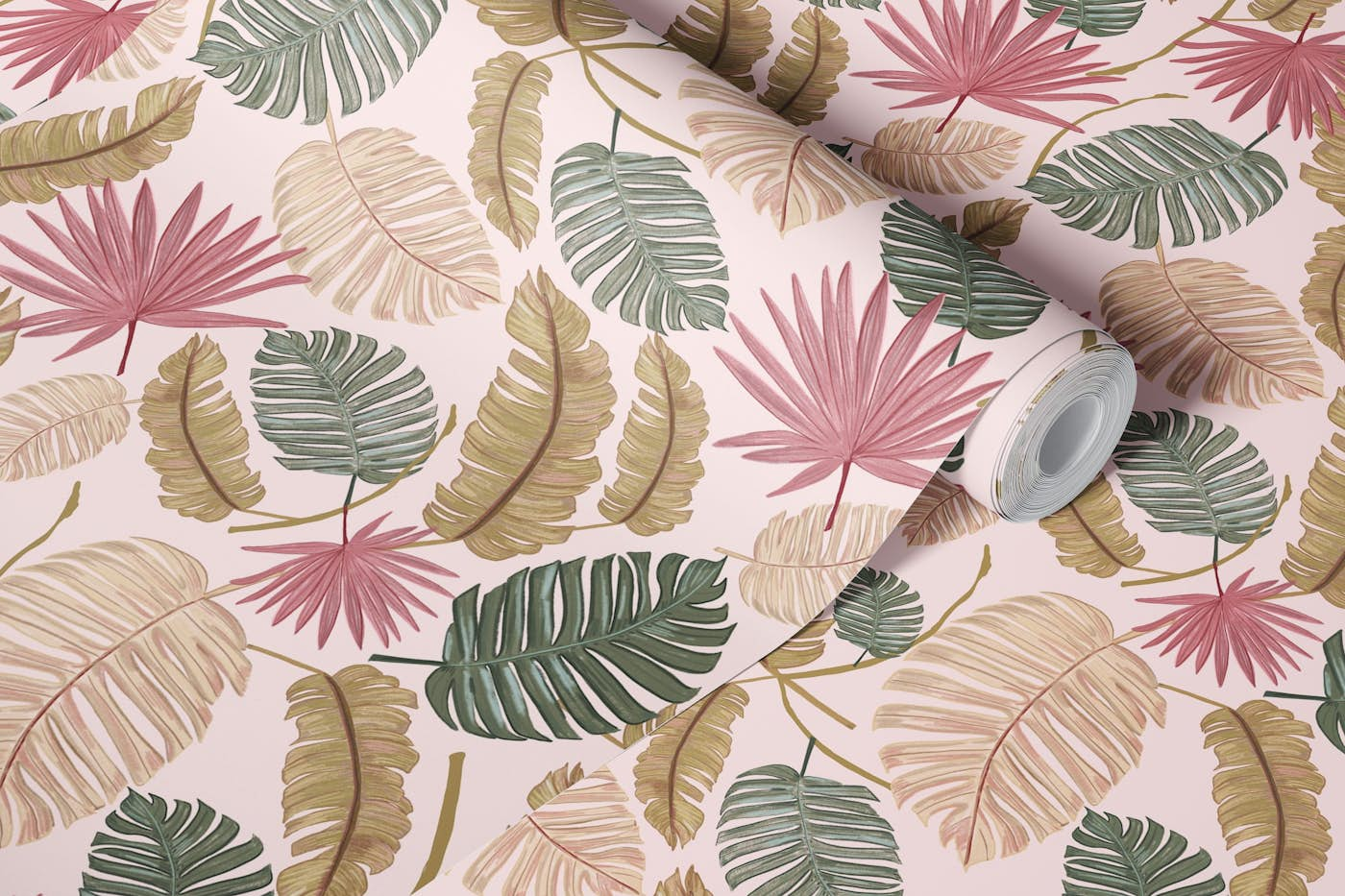 Nature color hand drawn leaves pink wallpaper roll