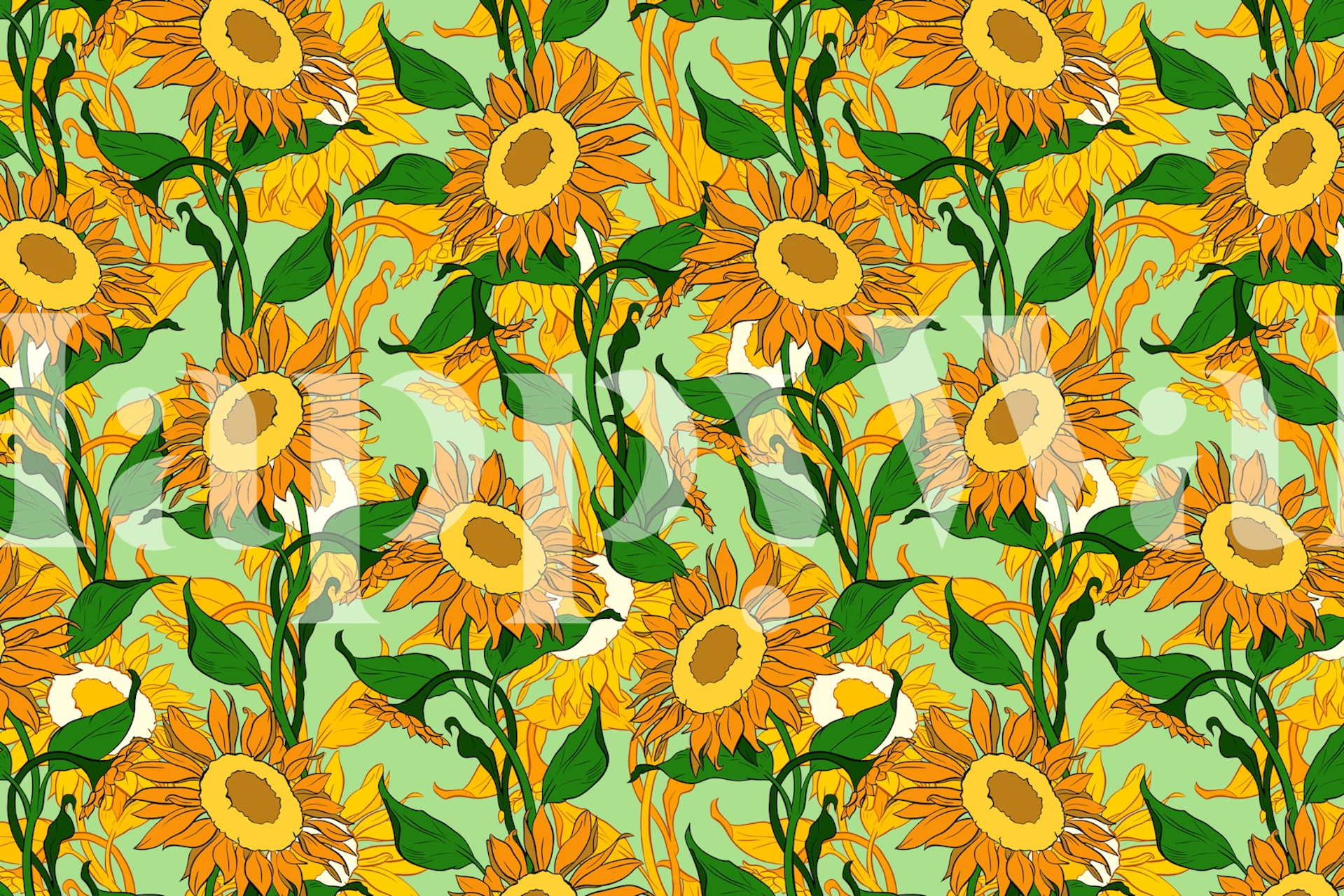 Colorful sunflower pattern on green background wallpaper