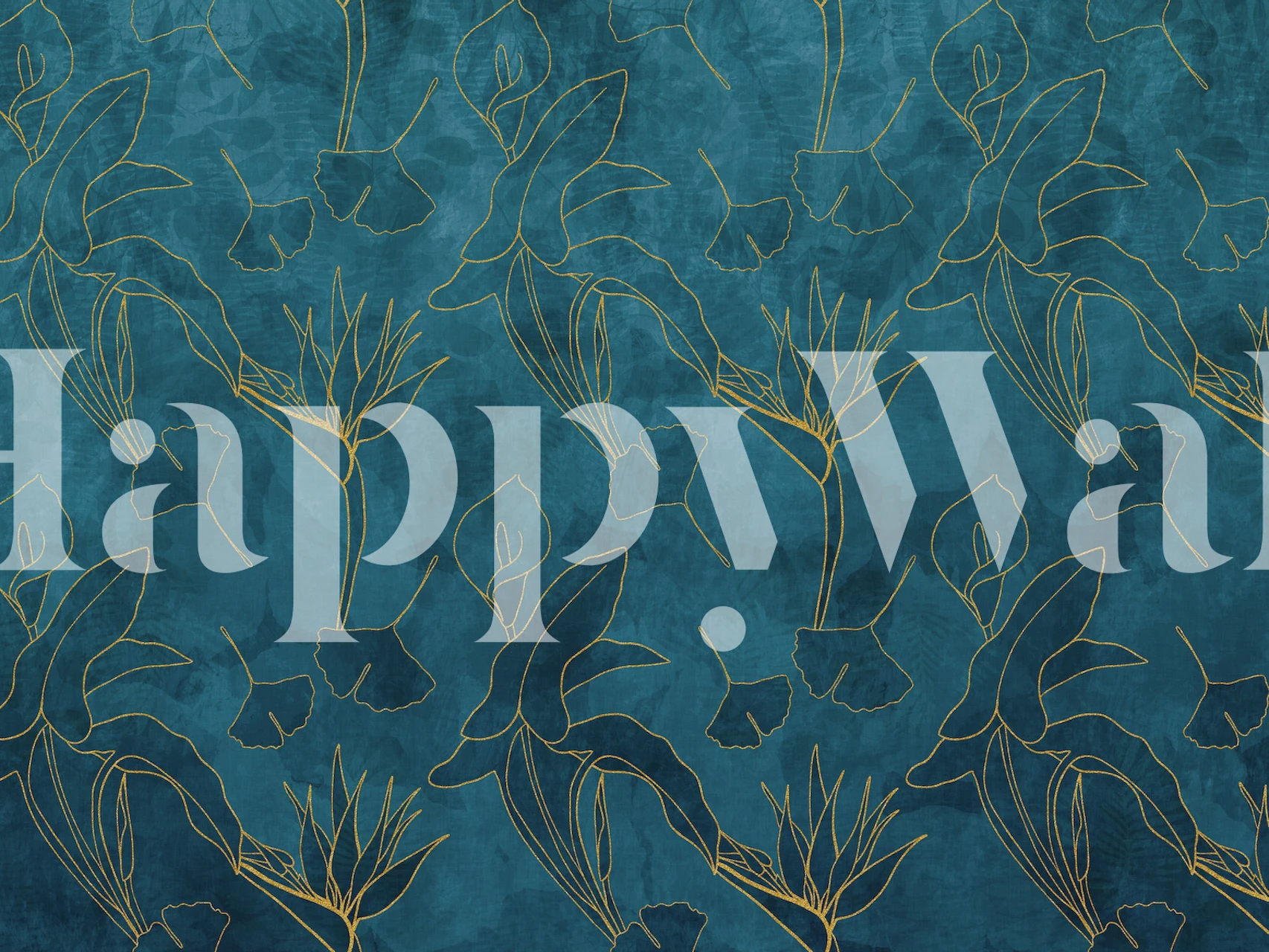 Floral jungle teal blue golden wallpaper in a room