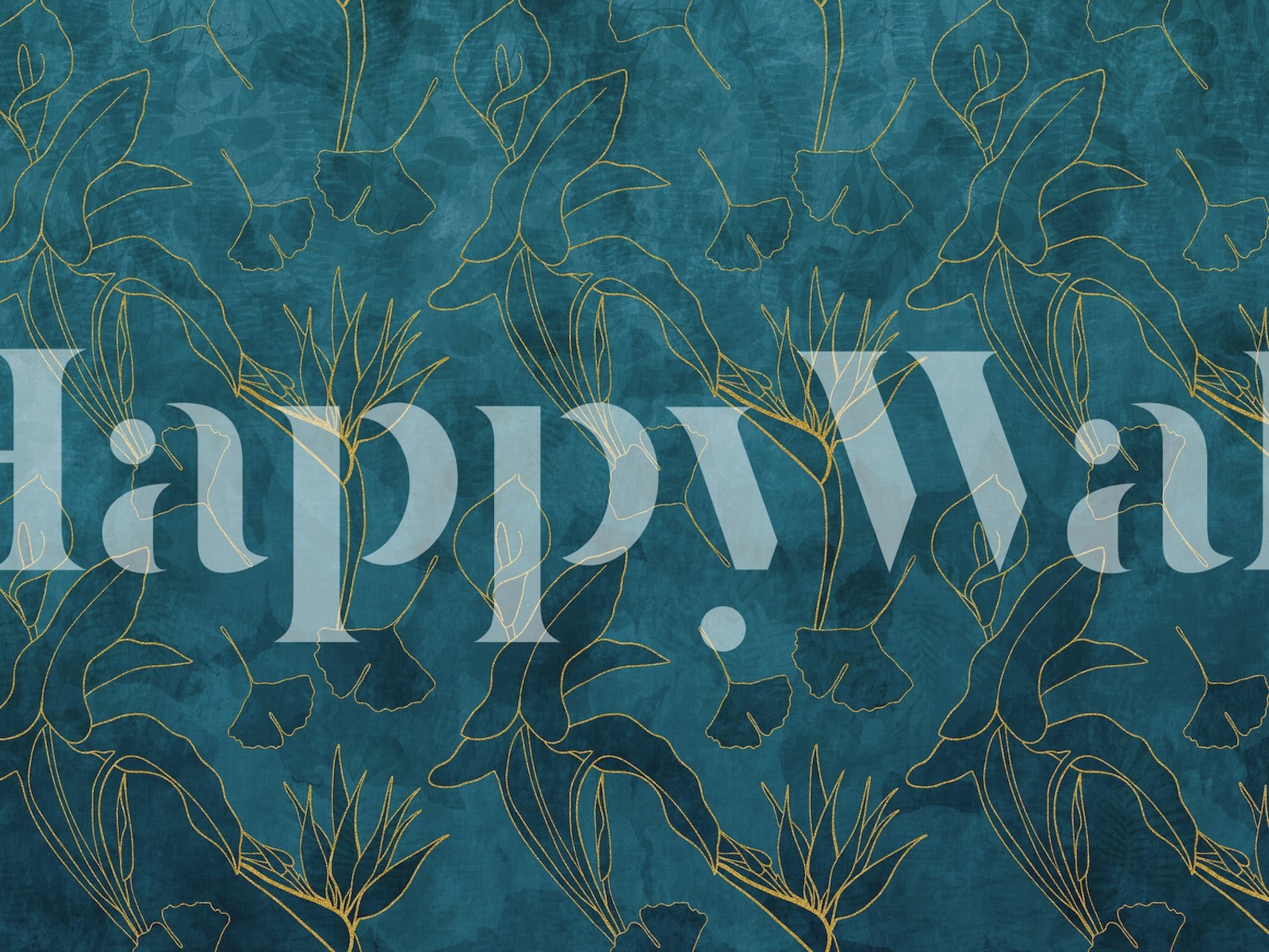 Floral jungle teal blue golden wallpaper in a room