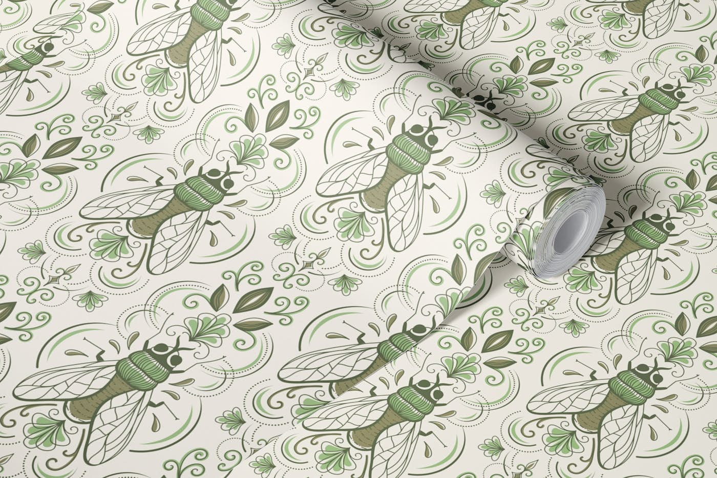 2364 - flies and flowers, sage green wallpaper roll