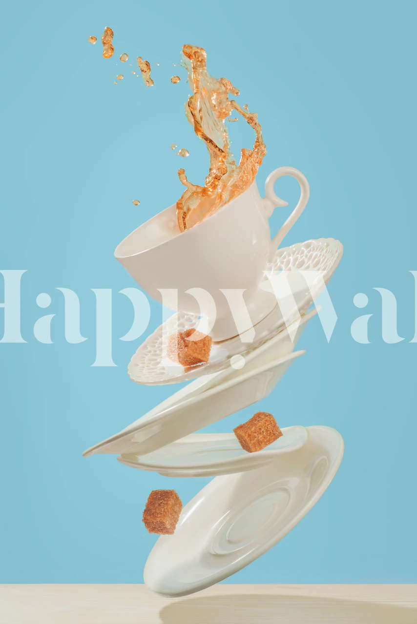 White coffee cup splashing coffee with floating plates and sugar cubes against a blue background wallpaper