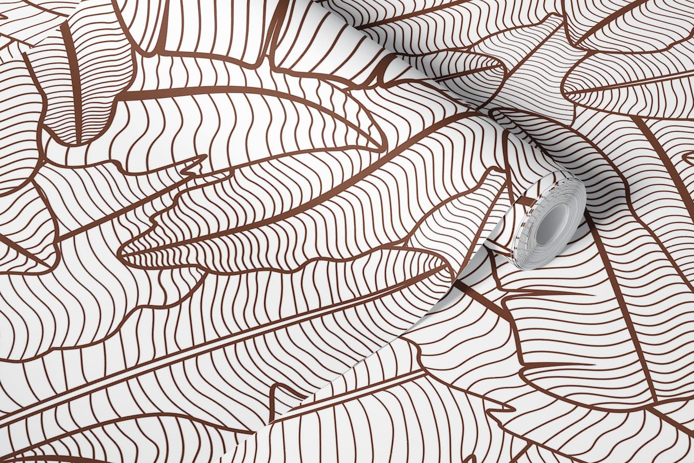 Cinnamon Brown Banana Leaves Line Art wallpaper roll