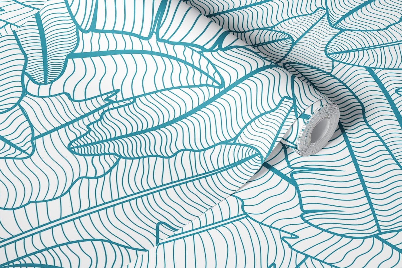 Blue Lagoon Banana Leaves Line Art wallpaper roll