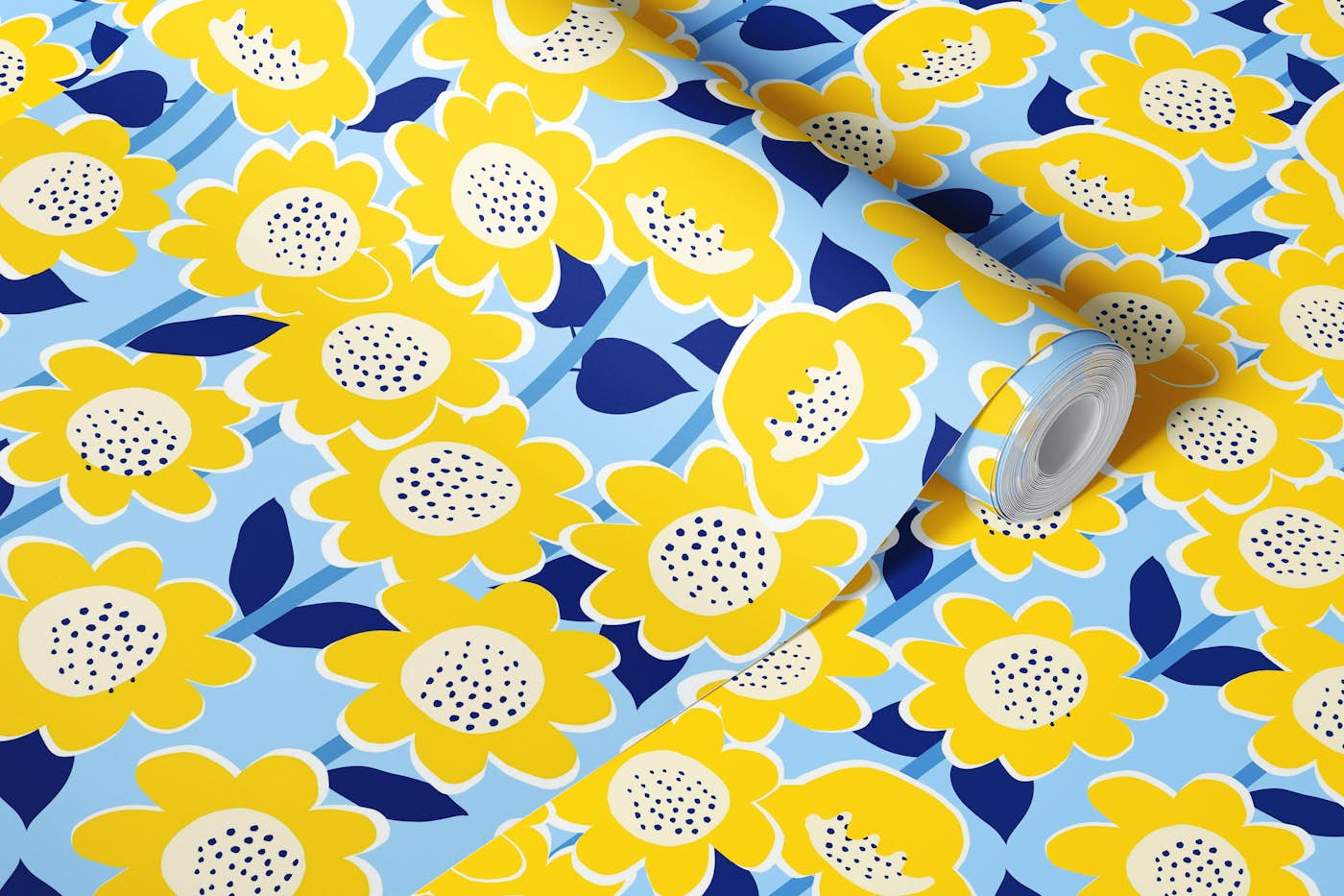 Sunny Flowers pattern - blue wallpaper roll