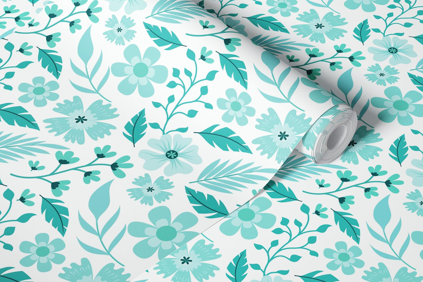 Mid Century Flower And Leaf Pattern Fresh Mint wallpaper roll