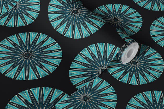 Oriental Mediterranean Inspired Round Tiles Teal Goldwallpaper roll