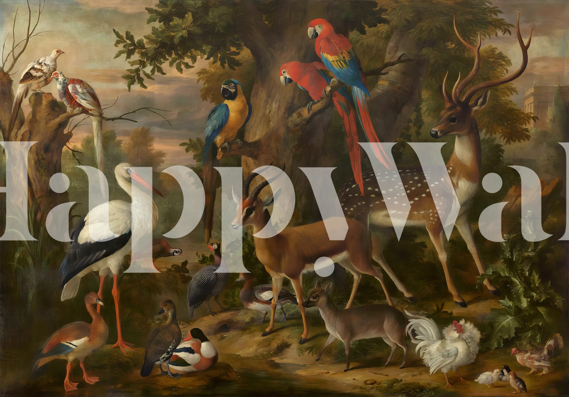 A vibrant wildlife scene with colorful animals and a lush background wallpaper