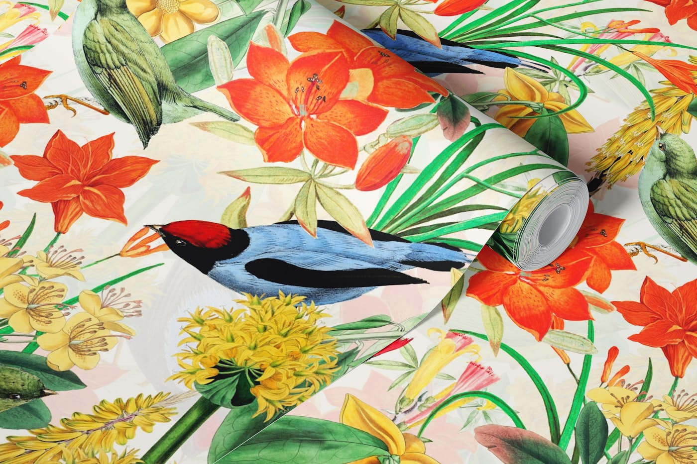 Colorful And Exotic Flower And Birds Jungle wallpaper roll