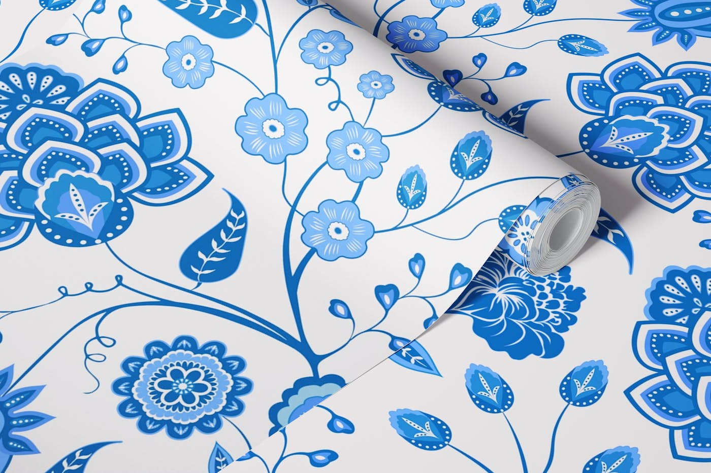 French Blue Indian Floral Chintz wallpaper roll