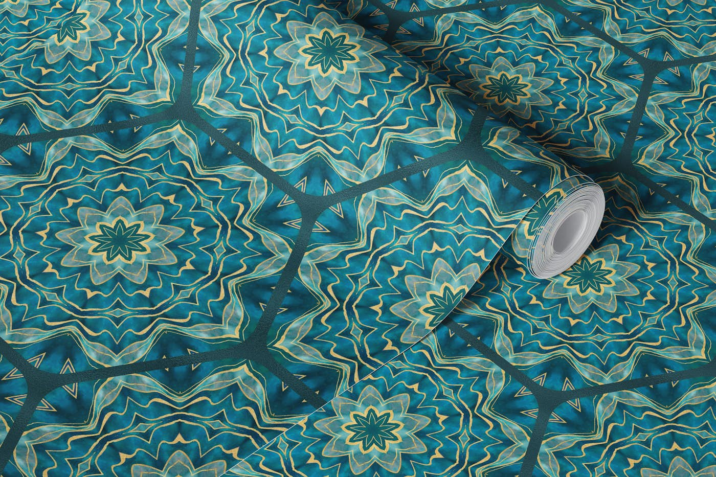 Oriental Inspired Hexagon Tiles Mediterranean Teal Gold wallpaper roll