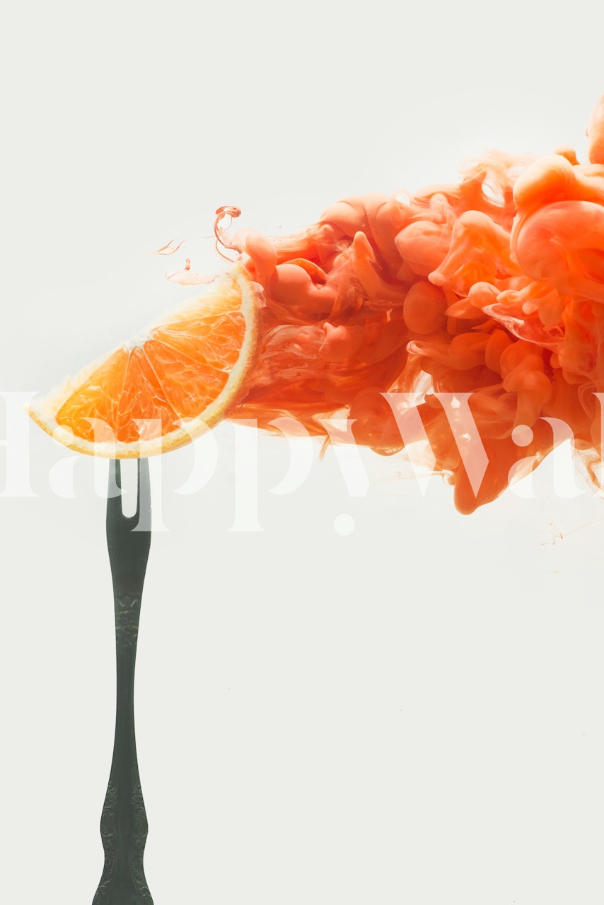 Orange abstract wallpaper with swirling patterns and a slice of orange