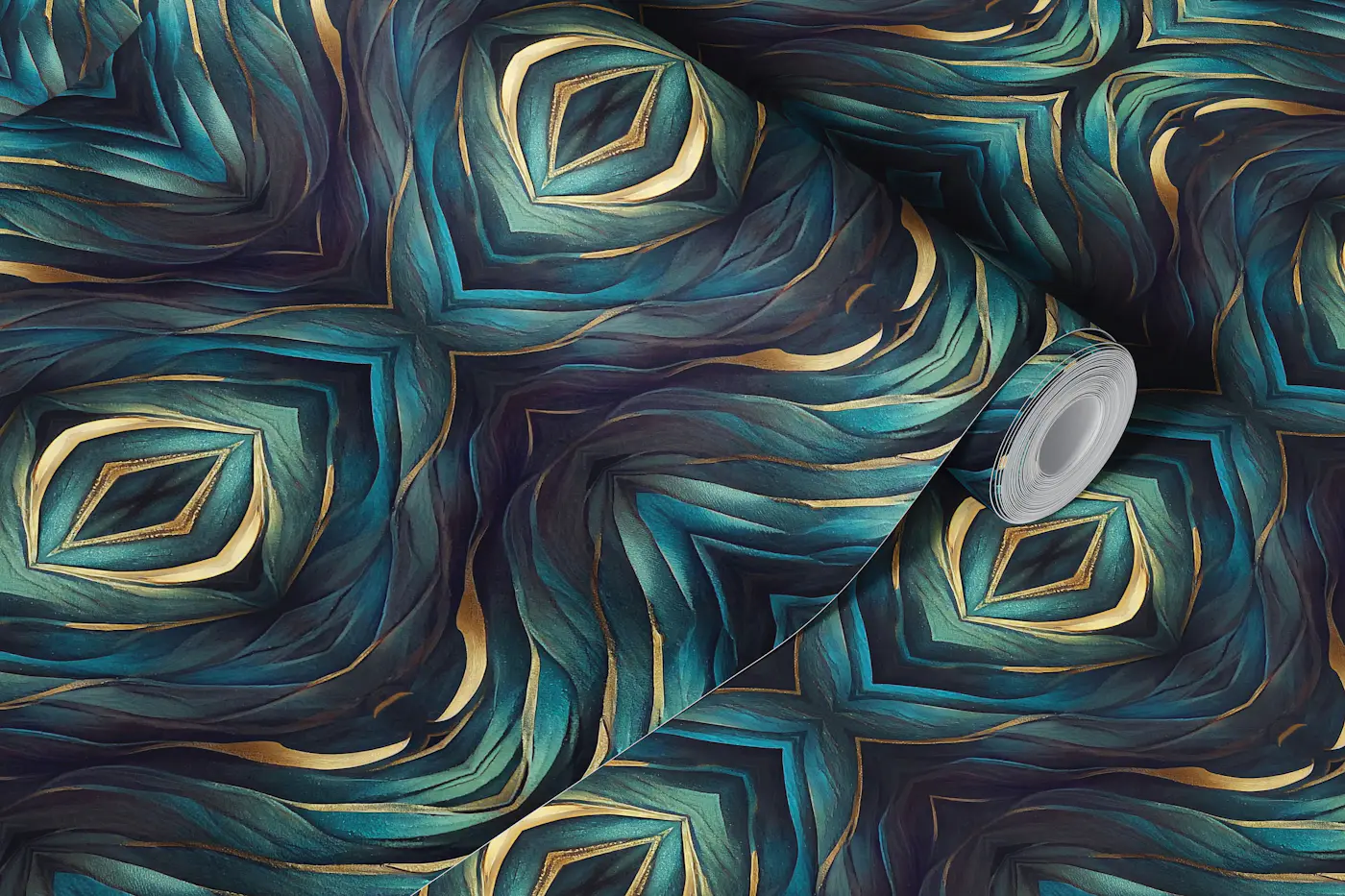 Artisanal Mediterranean Tiles Teal Blue Gold wallpaper roll