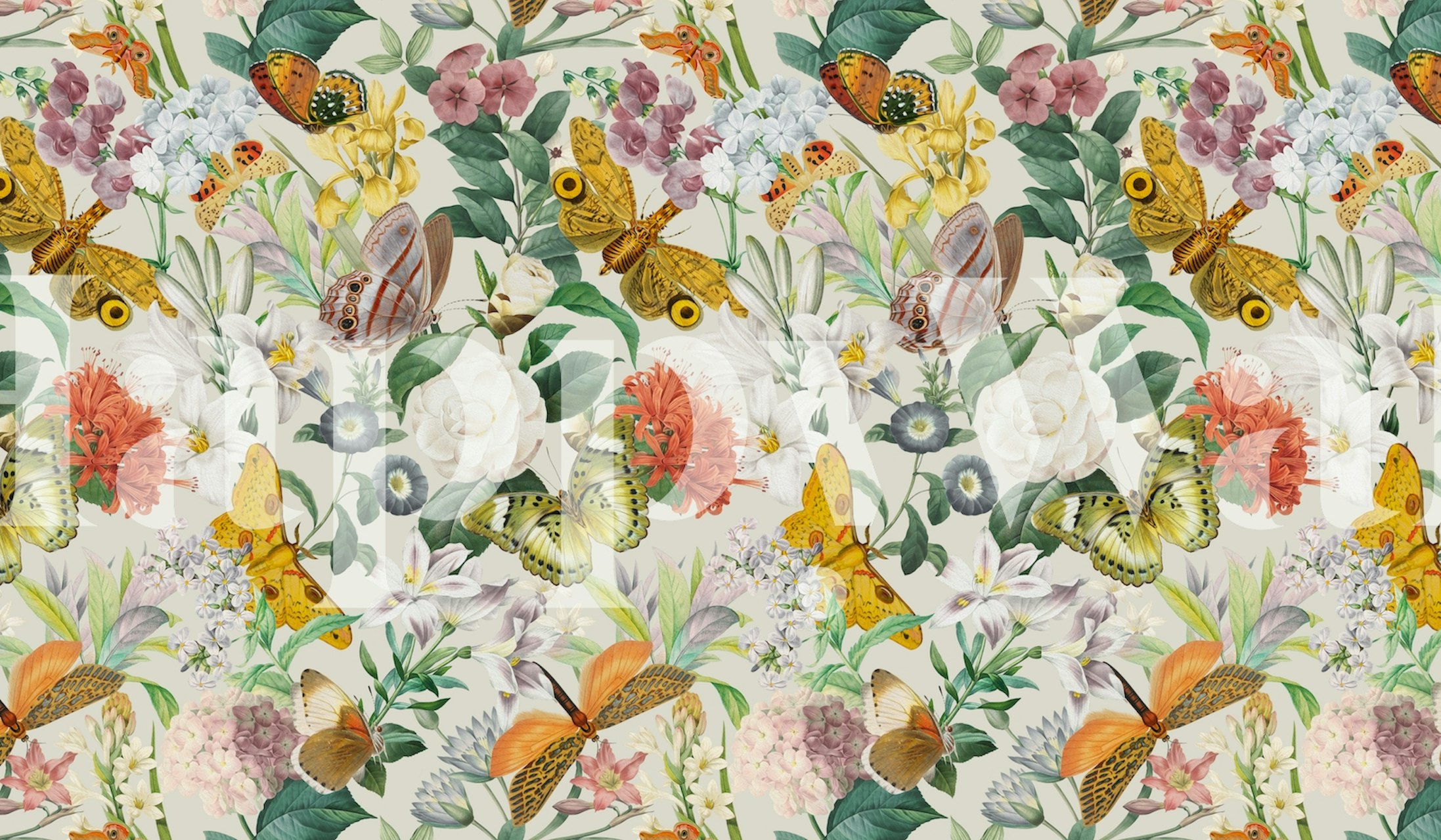 Fototapeta s krásným vzorem můr, motýlů a květinových prvků v jemných pastelových barvách.