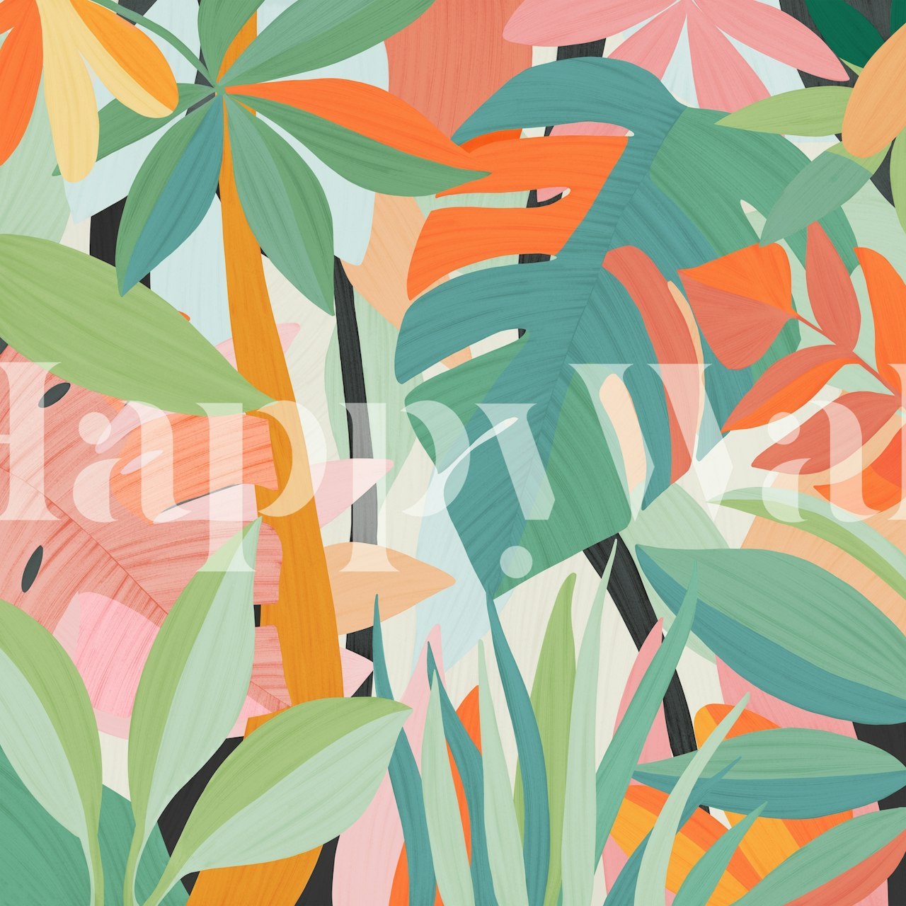 Tropical leaves in pastel colors including green, pink, and orange. Floral wallpaper.