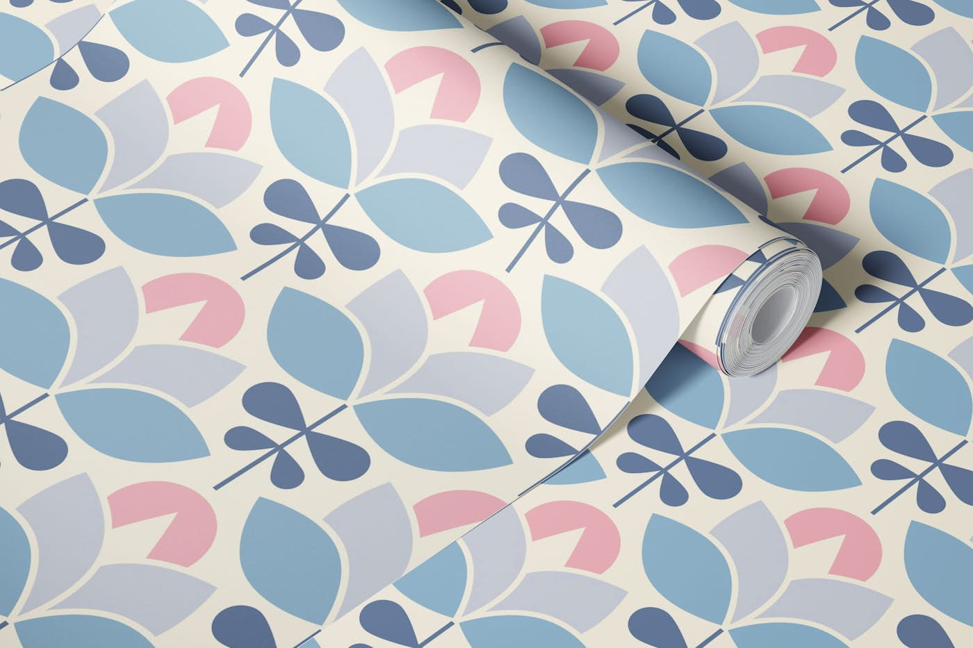 2447 - modern retro flowers, blue pink wallpaper roll