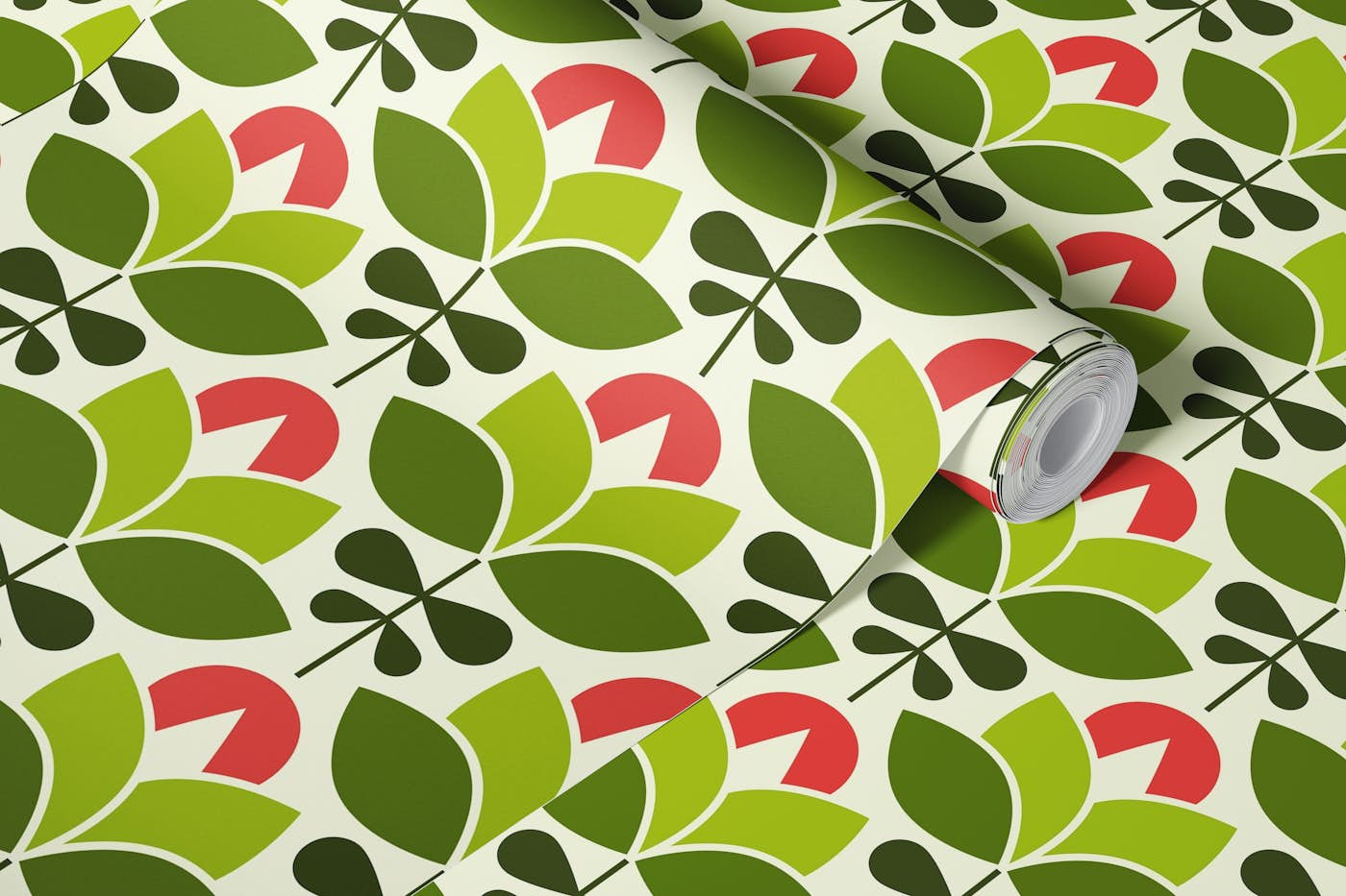 2448 - modern retro flowers, green red wallpaper roll