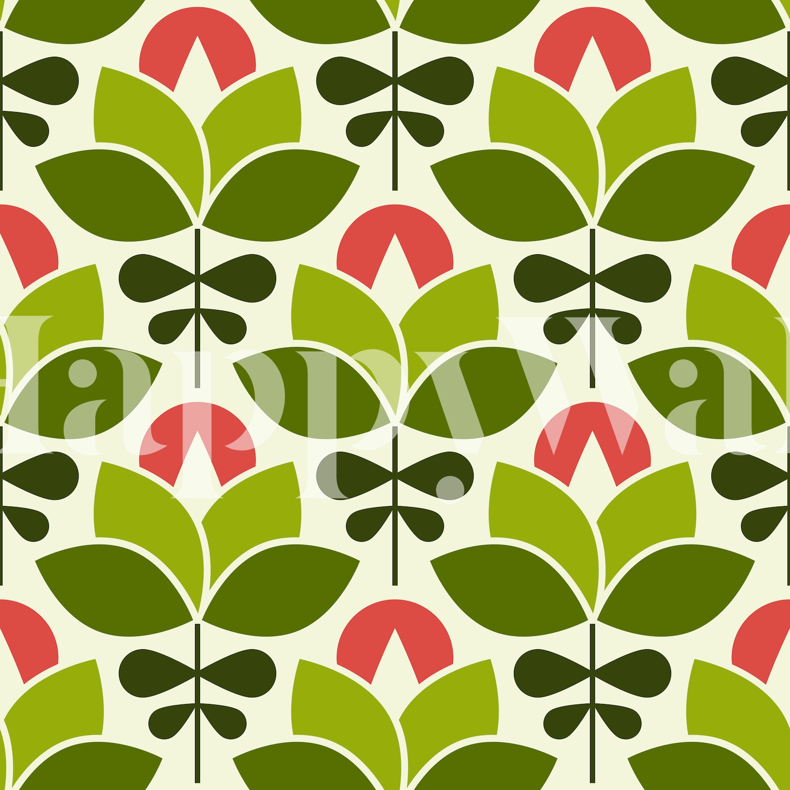 Modern Retro Flowers Green Red Wallpaper | Buy Online - Happywall