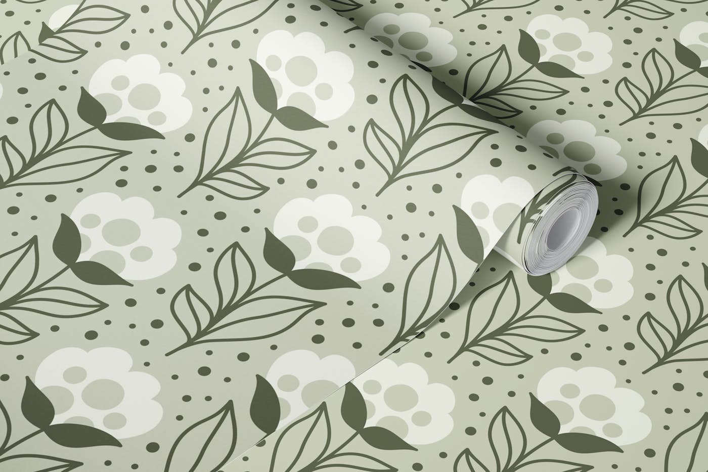 2457 - cotton buds, sage green wallpaper roll