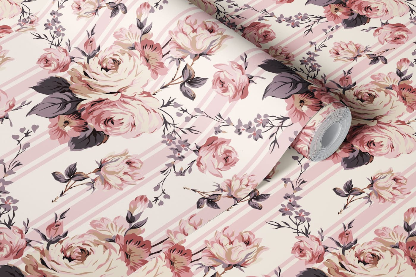 Rococo Roses And Stripes Pattern wallpaper roll